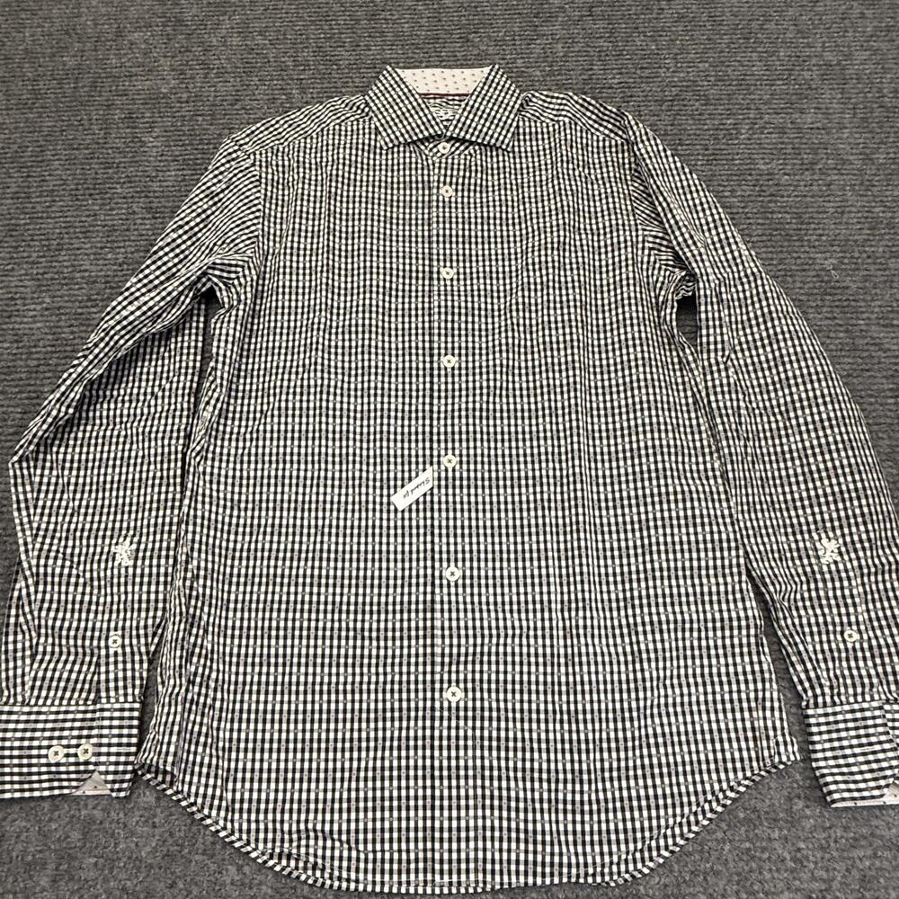 Bugatchi Uomo Dress Shirt Mens 15 34/35 Black Gingham Shaped Fit Cotton